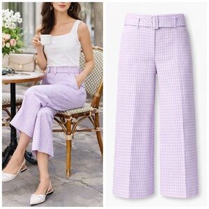 Ann Taylor Lavender Gingham Wide Leg Cropped Pants Size 0 Belted High Rise